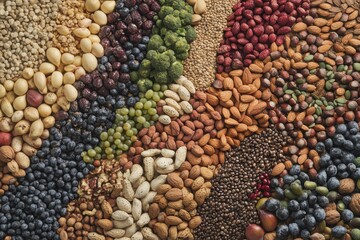 Diverse Collection of Nuts, Seeds, Grains, and Fruits on Display