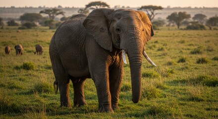 Fototapeta premium Majestic African Elephant Grazing Peacefully in Golden Light at Sunset