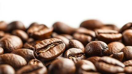 Fototapeta premium Close-Up View of Freshly Roasted Coffee Beans on White Background