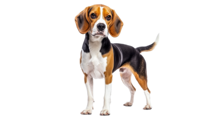 Beagle standing confidently in a studio setting