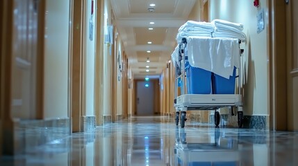 A hotel housekeeping cart stocked with fresh linens and cleaning supplies in a hallway