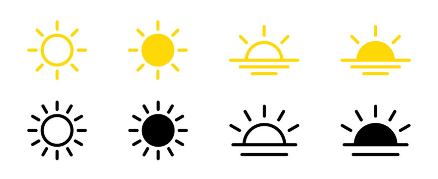 Sun simple icons collection. Sun vector illustration.  Sun icon set, sunshine, sunrise or sunset.