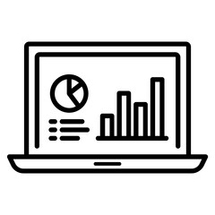 Black single Financial analysis on laptop line icon, simple diagram data flat design pictogram vector for app ads web banner button ui ux interface elements isolated on white background