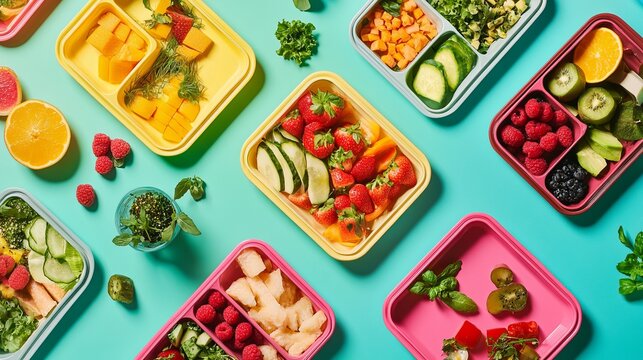 Healthy Colorful Fruit Salad Meal Prep Boxes Delicious Summer Diet Food Photography Vibrant Flatlay Background Image Perfect for Blogs Websites and   