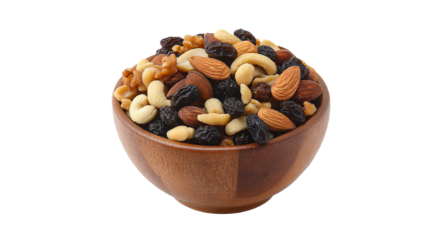 Nut and dried fruit mix in a wooden bowl