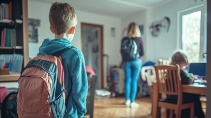 A busy morning in a household with children getting ready for school and parents preparing for work