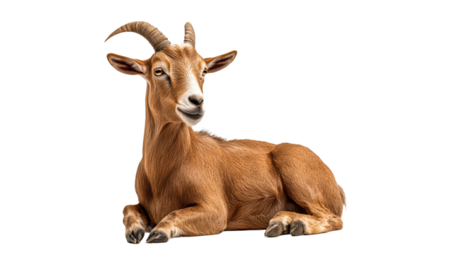 Goat resting peacefully on a white background