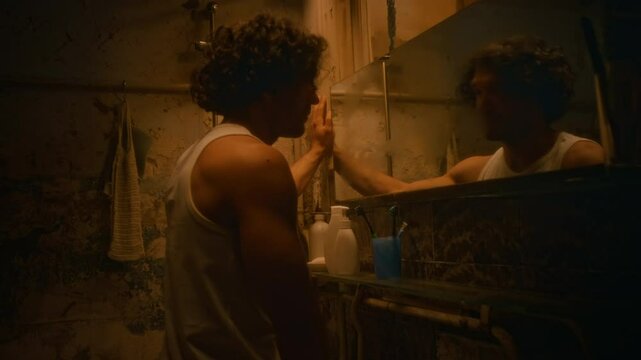 Side shot of tired muscular man in undershirt standing in front of mirror in shabby bathroom and looking at his reflection, questioning meaning of life and thinking of hopeless future