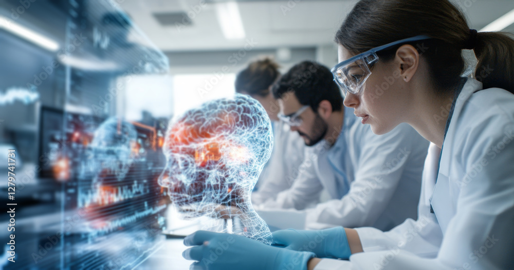 Poster A group of interns is focused on advanced medical research in a lab. They analyze data while interacting with holographic brain models. The atmosphere is enriched with technology and collaboration.
