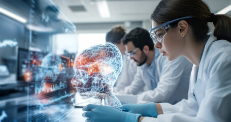 A group of interns is focused on advanced medical research in a lab. They analyze data while interacting with holographic brain models. The atmosphere is enriched with technology and collaboration.