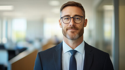 Fototapeta premium Confident businessman in modern office setting, wearing glasses and suit, exuding professionalism and approachability.