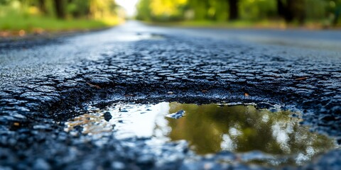 Fototapeta premium Road with Puddle, Asphalt, Repair, Trees, Outdoors