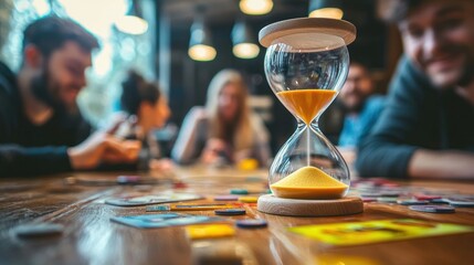 A modern hourglass being used as a timer during a board game session with friends