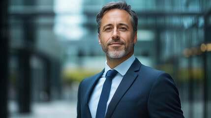 Fototapeta premium Confident businessman in suit standing outdoors, modern architecture background.