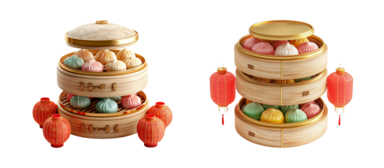 Colorful Dumplings in Bamboo Steamers and Lanterns