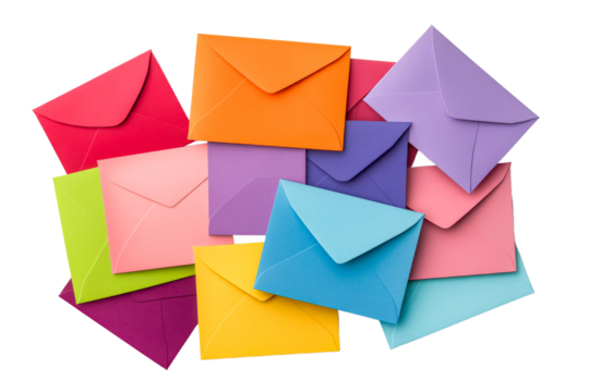 Artfully stacked colorful envelopes