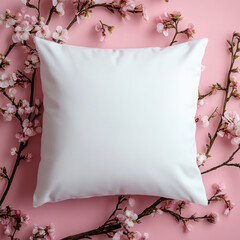 soft white pillow surrounded by delicate pink cherry blossom branches on pastel pink background creates serene and inviting atmosphere