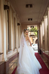 beautiful blonde bride in a beautiful hotel in an arch in a long wedding dress
