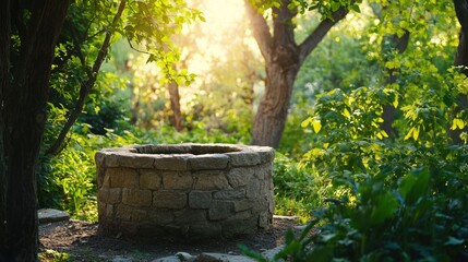 A rustic stone water well surrounded by lush greenery in a peaceful countryside setting, with sunlight filtering through the trees