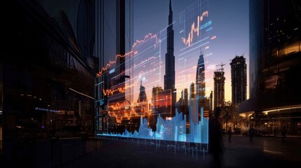 Futuristic 3D Digital Render of Dubai Skyline with Data Visualization