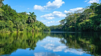 A peaceful river scene with the reflection of lush green trees and the blue sky, creating a serene and tranquil atmosphere