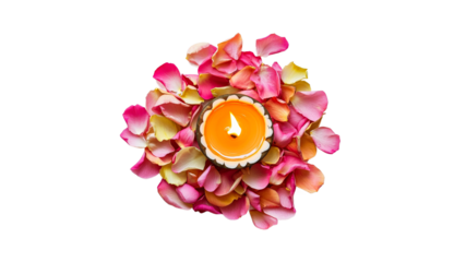 Relaxing candle surrounded by colorful rose petals