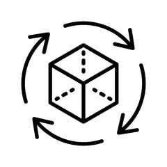 Black single rotating 3D cube model line icon, simple virtual reality flat design illustration pictogram for infographic interface elements for app logo web button ui isolated on white background