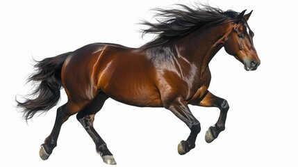 Fototapeta premium Majestic brown horse running with flowing mane against white backdrop