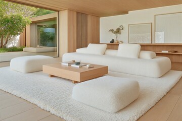 Minimalist Japandi living room with soft textures and natural wood, Interior photo concept