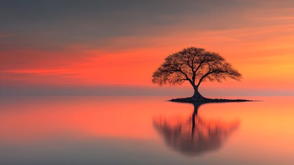 Majestic lone tree silhouetted against a vibrant sunset over water