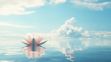 Serene lotus flower floats on calm water, sky background, peaceful scene, meditation imagery