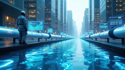 Futuristic Cityscape with Water Purification Technology