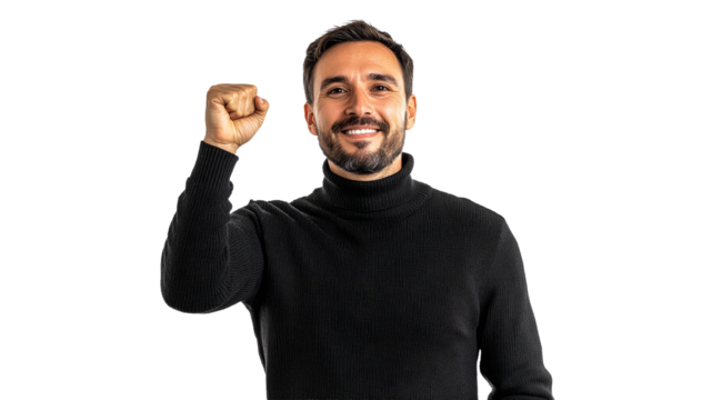 Cheerful man with raised fist