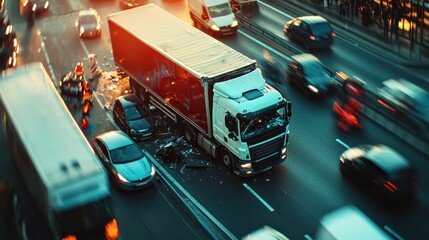 A truck involved in a severe accident on a busy highway, with emergency responders working to extricate the driver while traffic is diverted around the scene