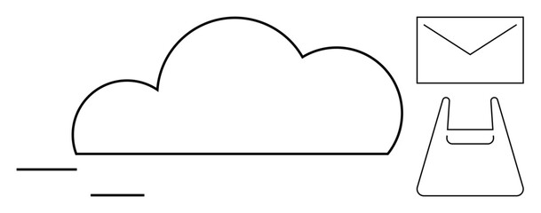 Cloud with motion lines symbolizing data transfer, an envelope icon representing email, and a file folder. Ideal for communication, storage, networking, efficiency, technology, cloud computing data