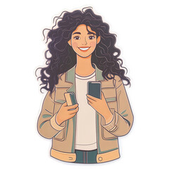 A beautifully illustrated cut-out style image of a smiling young woman with flowing curly hair, holding a smartphone with both hands, transparent background, PNG