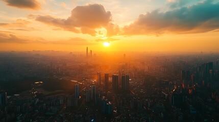 Golden Sunset Over Cityscape Aerial View with Urban Architecture