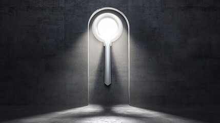 Keyhole in a dark room with light shining through, creating a mysterious atmosphere
