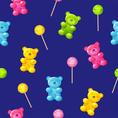 Vector cartoon seamless pattern with colorful jelly bear and lollipop sweets isolated on bright blue background.