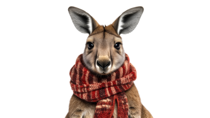 Kangaroo wearing a scarf poses for winter portrait