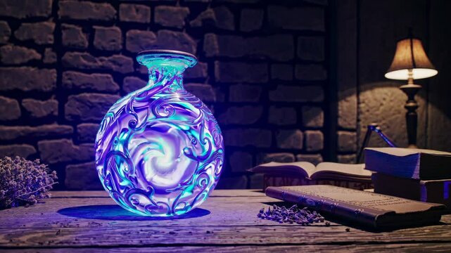 A mystical potion bottle glowing on a rustic table, captured in a low-angle shot. The scene evokes a fantasy video game atmosphere.