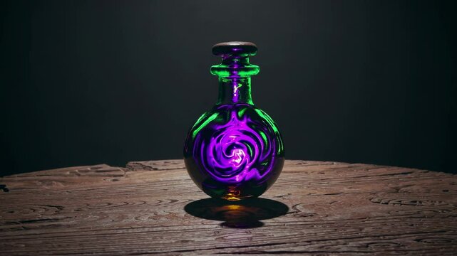Close-up video of a glowing potion bottle with swirling green and purple patterns on a wooden table, shot from a low angle for a mystical effect.