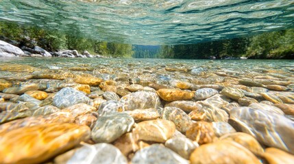 Naklejka premium Colorful river stones lie under crystal clear water with a view of green forest along the banks on a sunny day.