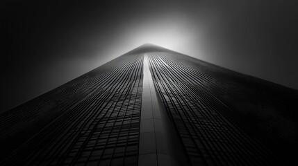 Tall Skyscraper Reaching Towards Foggy Sky in Black and White