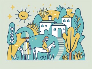 A vector illustration in simple flat color line style of whimsical Jesus birth in the manger