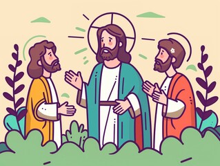 A vector illustration in simple flat color line style of whimsical Jesus birth in the manger