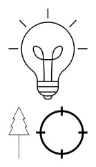 Light bulb with rays, simplified pine tree, and target circle with crosshairs. Ideal for creativity, innovation, nature themes, focus, goal-setting environmental concepts strategic planning. Line