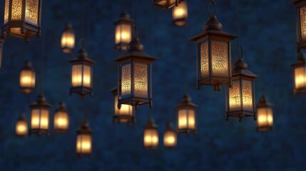 Obraz premium Ethereal Lanterns Illuminating a Dark Blue Background at Night