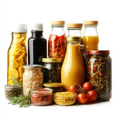 Assorted preserved foods in glass jars and bottles displayed on white background
