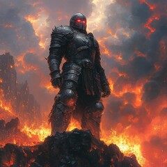Fiery inferno scene featuring a powerful, dark knight in full plate armor standing on a volcanic rock formation.